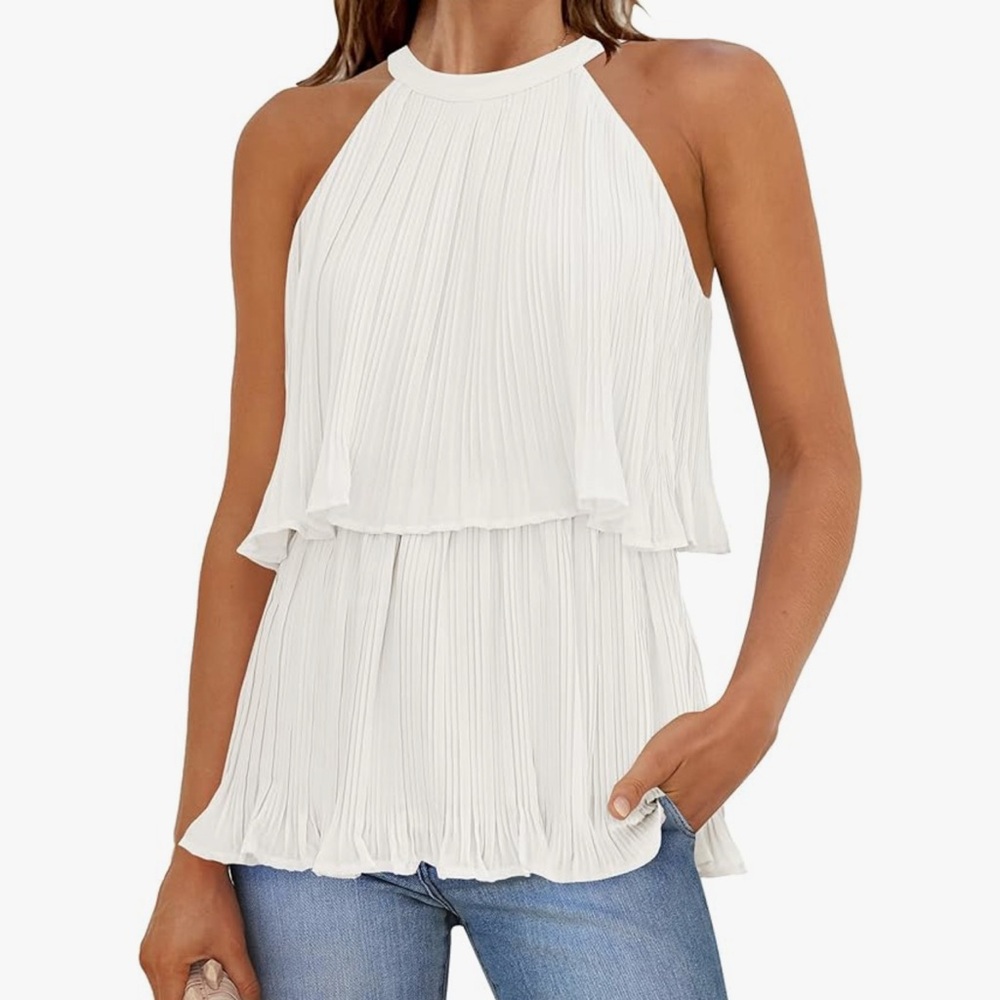 NWOT Elegant White Sleeveless Top with Flattering Halter Style Neckline